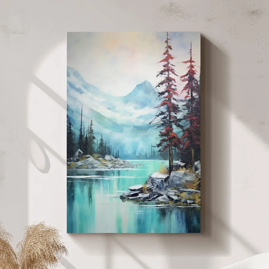 Misty Turquoise Alpine Lake Watercolor - Serene Mountain Landscape Wall Art