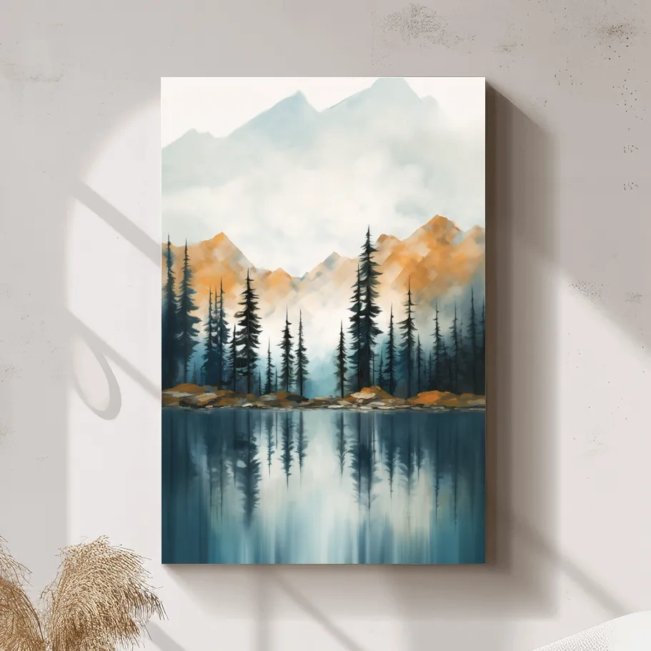 Misty Watercolor Mountain Lake Reflection - Serene Pine Forest Landscape Wall Art