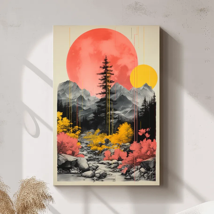 Pink and yellow contrasting artwork, alpine mountain scene