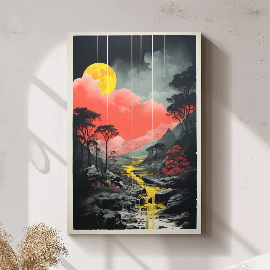 Surreal Moonlit Mountain River Landscape - Fantasy Nature Wall Art