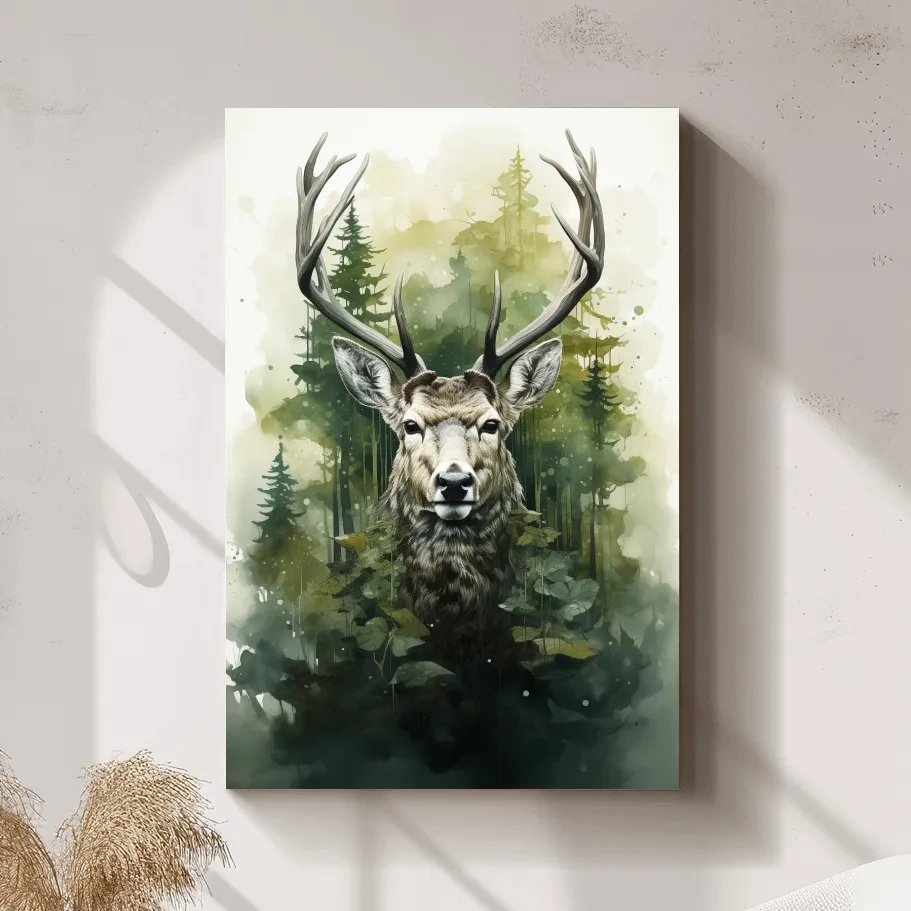 Watercolour painting, deer head in the foliage