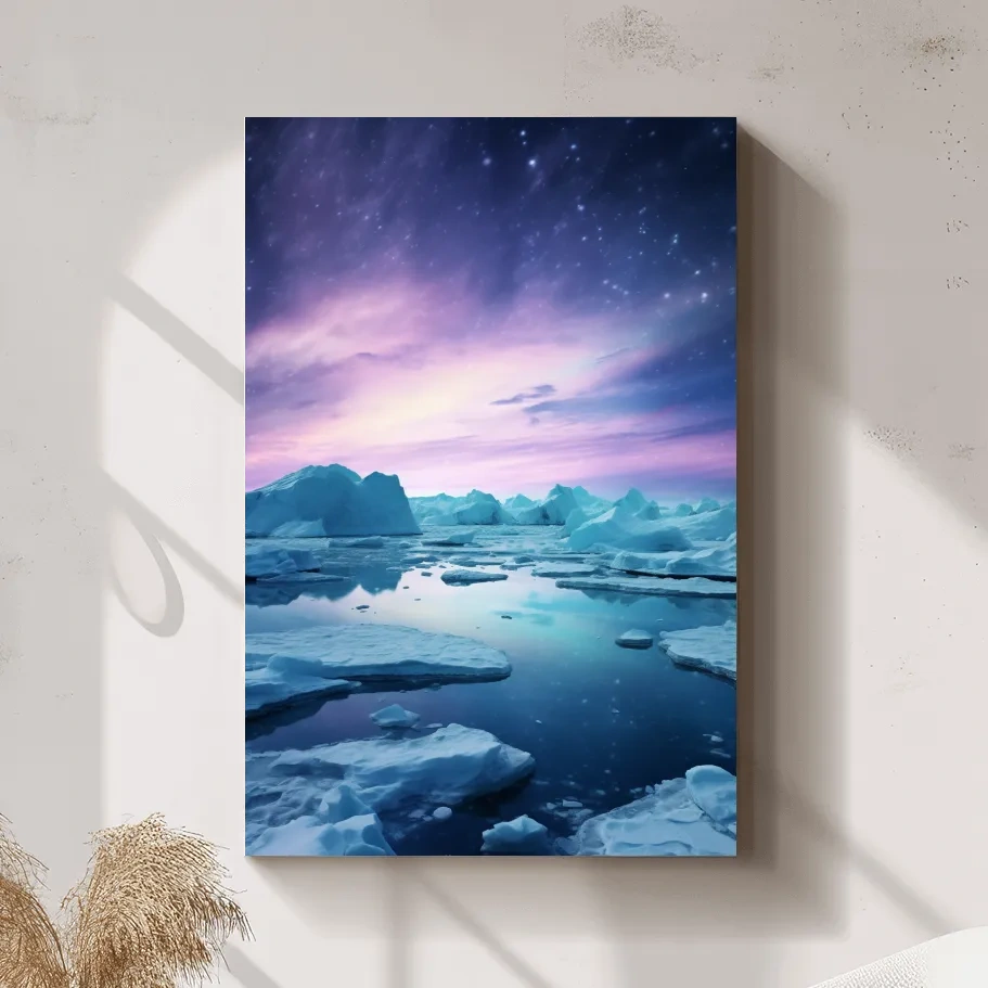 Surreal photography, purple northern lights over the arctic ice