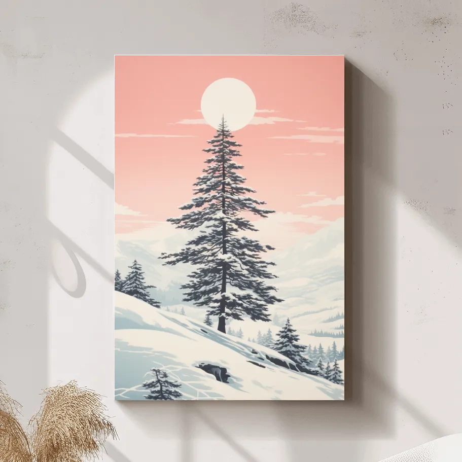 Minimal art, snow covered pine tree at sunset