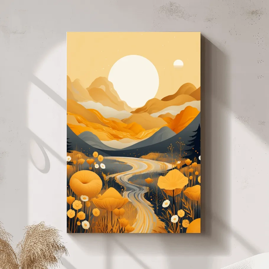 Bright illustration, river running through the meadows