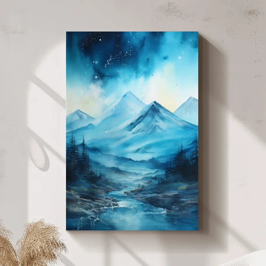 Watercolor painting, mountains under the stars