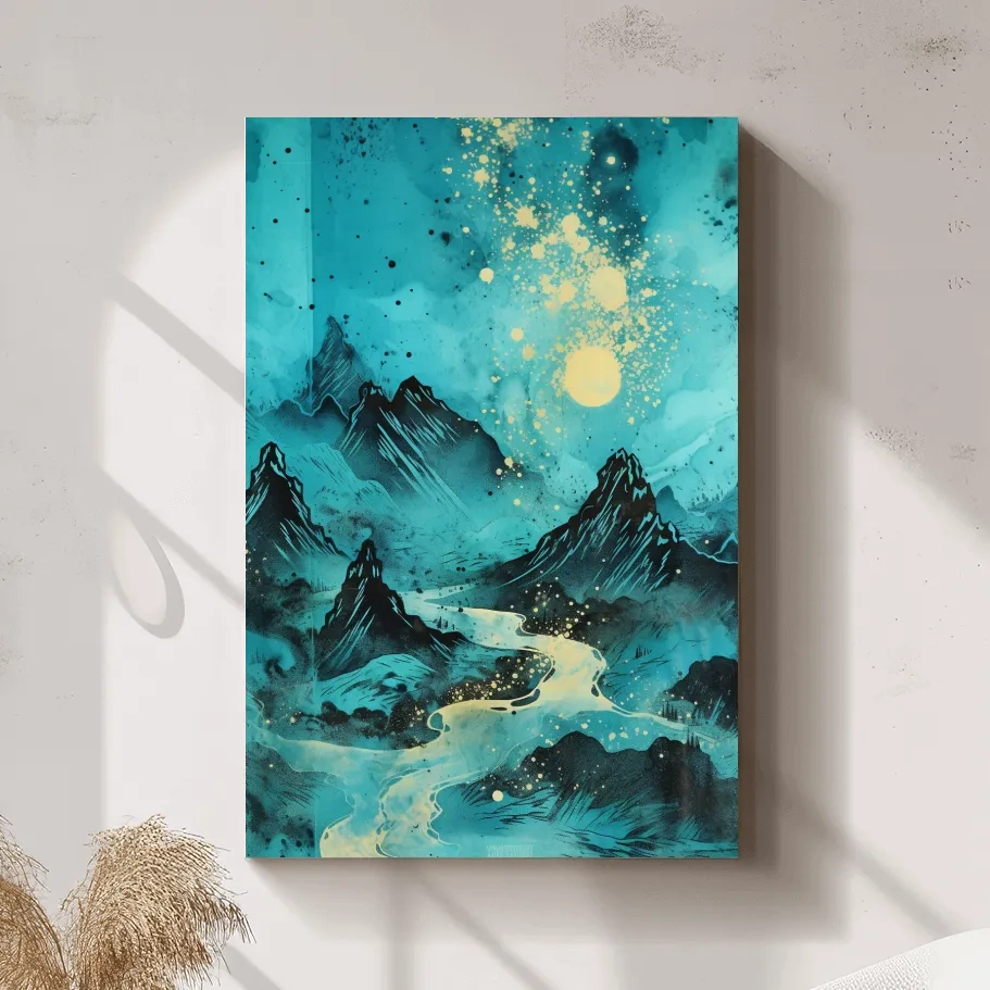 Abstract painting of a river through the mountains