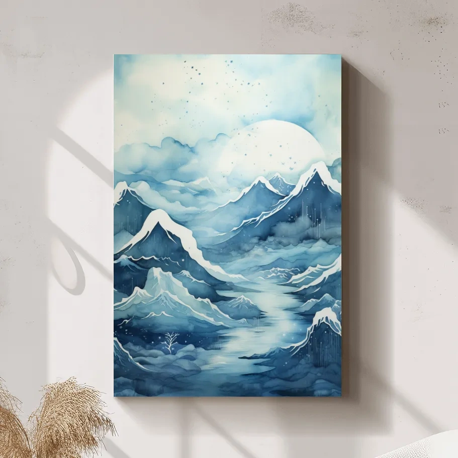 Watercolour painting, subtle blue snowy mountain peaks