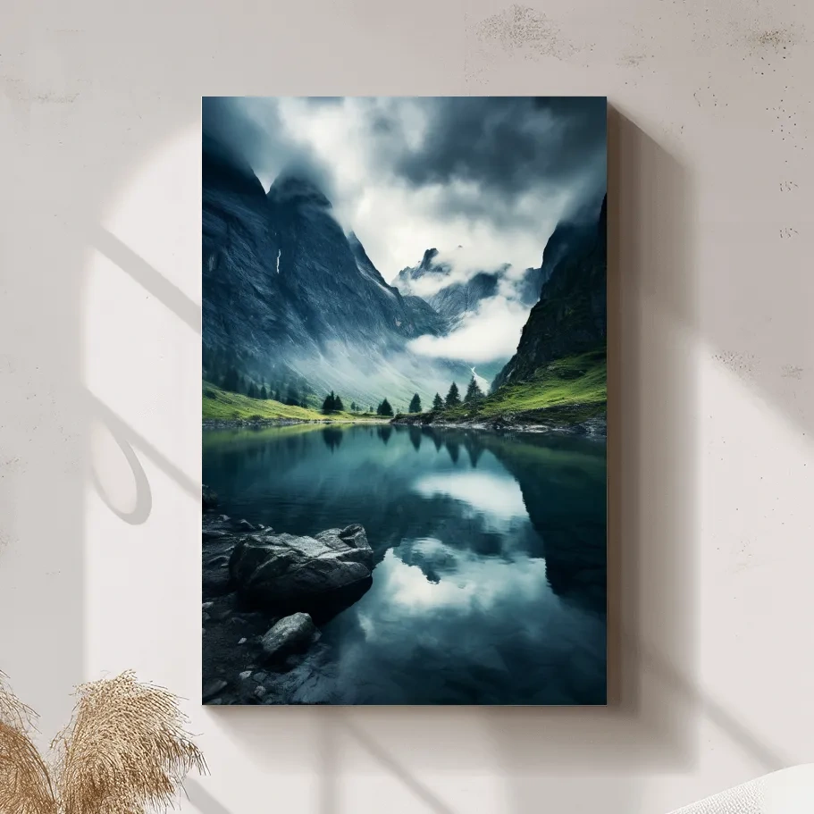 Moody Misty Alpine Lake Reflection - Dramatic Photographic Mountain Wall Art