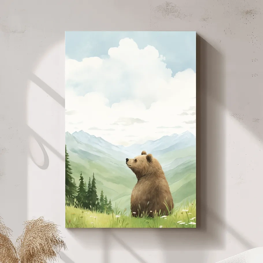 Whimsical Watercolor Bear In Mountain Meadow - Serene Nursery Wildlife Art