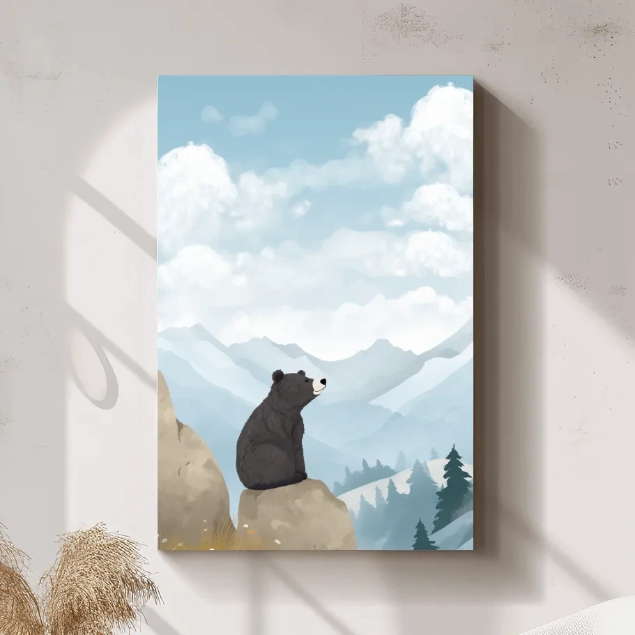Illustration of a happy bear sitting on a rock