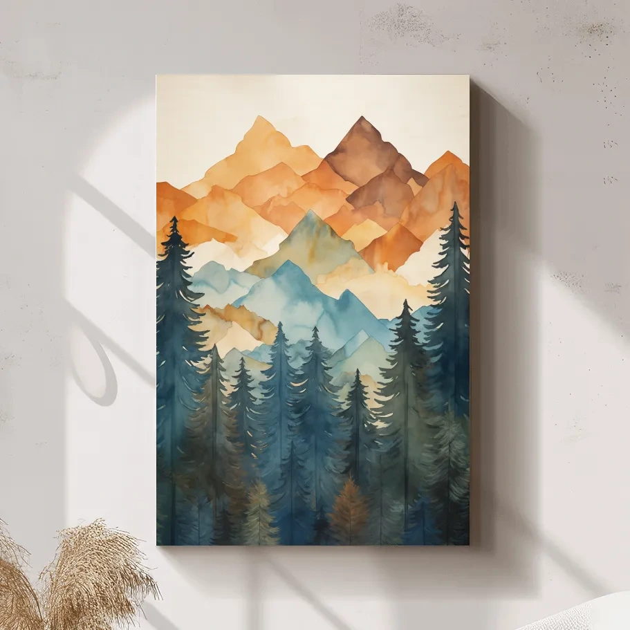 Simple watercolor painting of mountains and trees