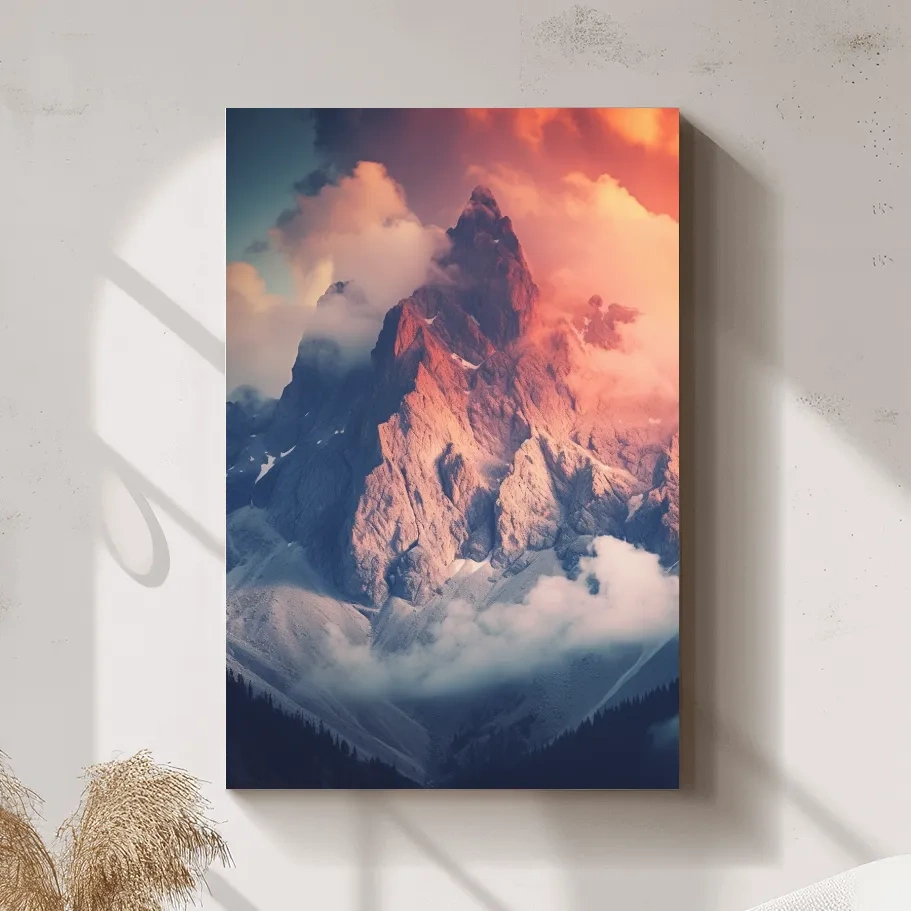 Dramatic mountain peak in colorful clouds, photographic art