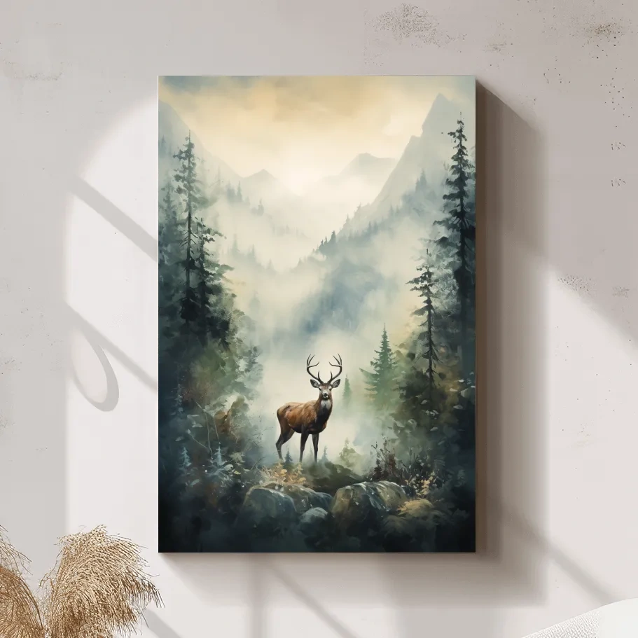 Watercolour painting of a deer standing in a misty forest