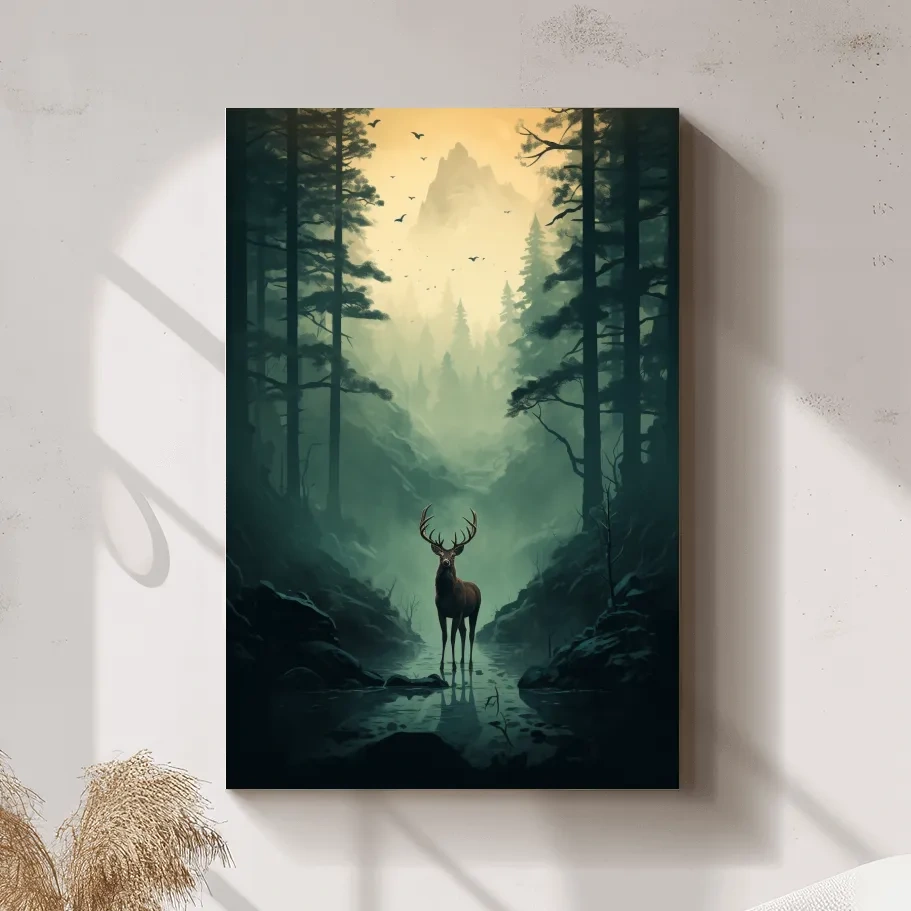 Moody Misty Forest Deer Stag Landscape - Atmospheric Wildlife Mountain Wall Art