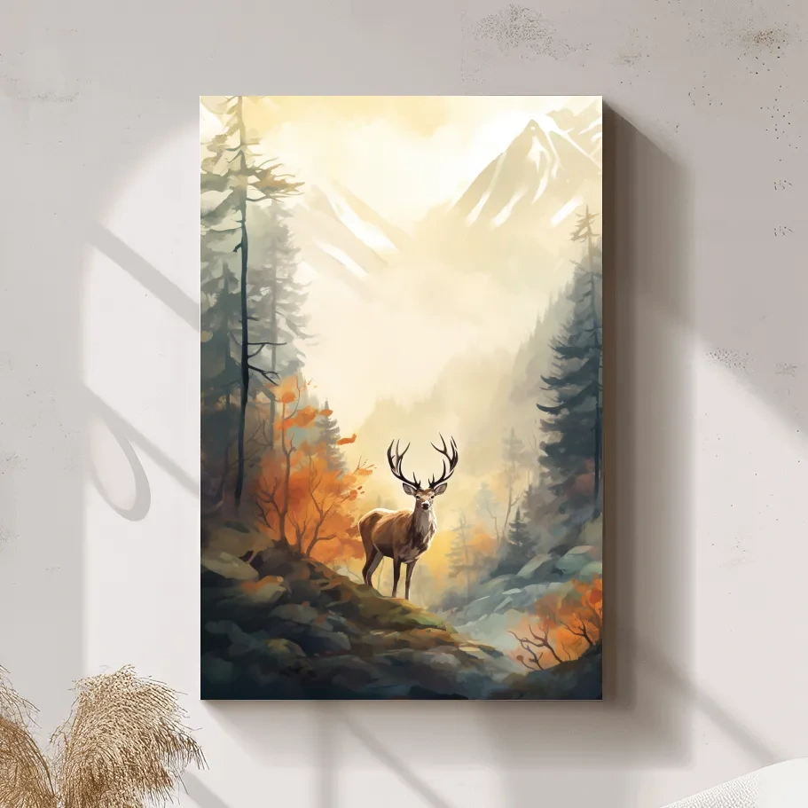 Majestic Stag In Misty Mountain Forest - Autumn Watercolor Wildlife Wall Art