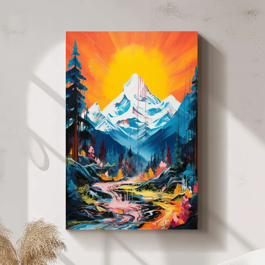Vibrant painting of sunset over a glacier