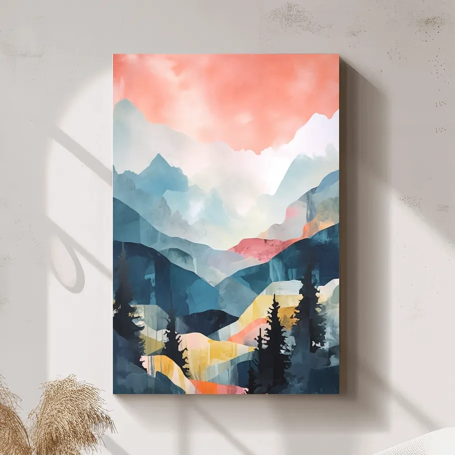 Abstract pastel painting - mountains and trees at sunset