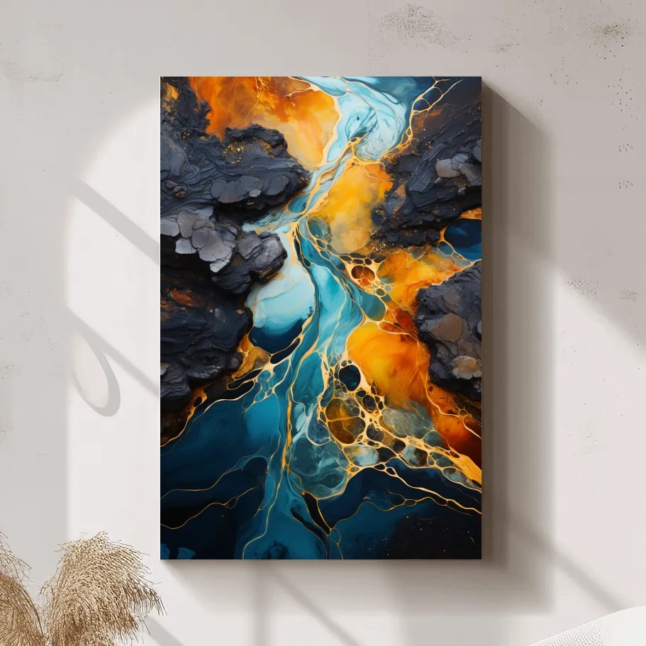 Elegant Gold And Teal Abstract Flowinf River - Alcohol Ink Style Wall Art