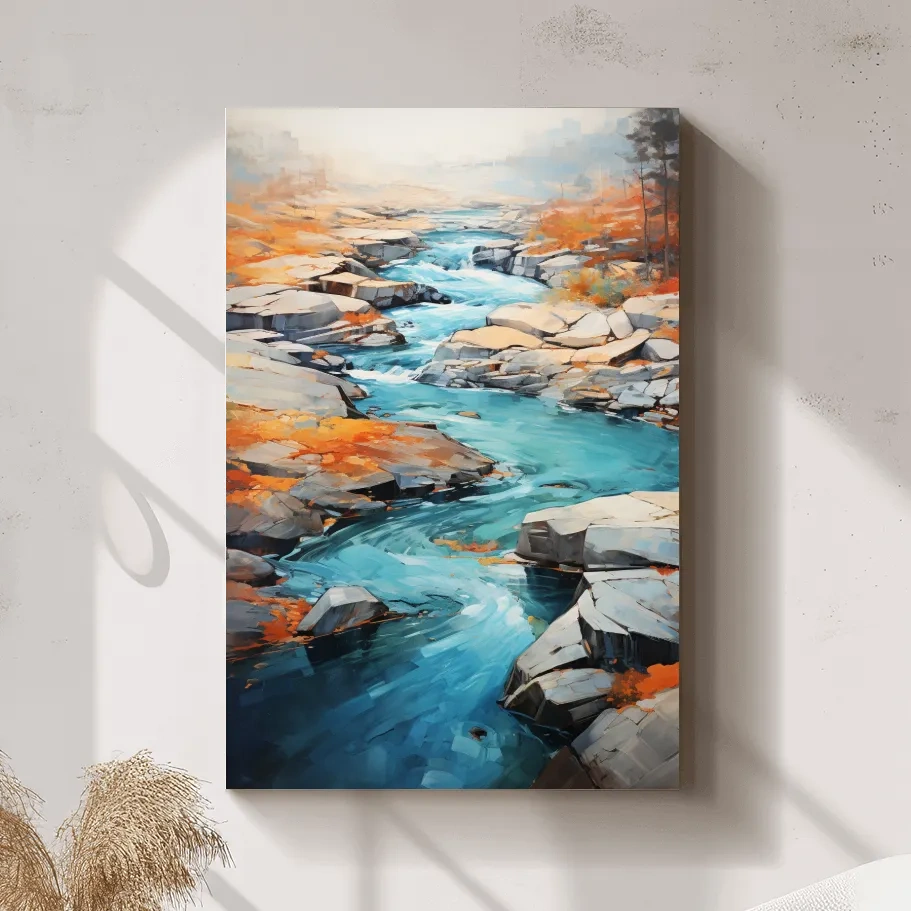 Vibrant Turquoise River Through Rocky Canyon - Modern Impressionist Landscape Wall Art
