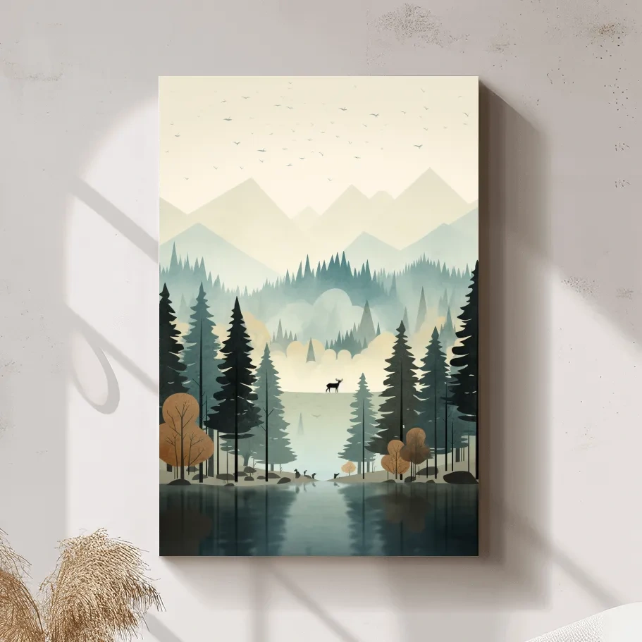 Mountain illustration, silhouette of a deer in a peaceful forest