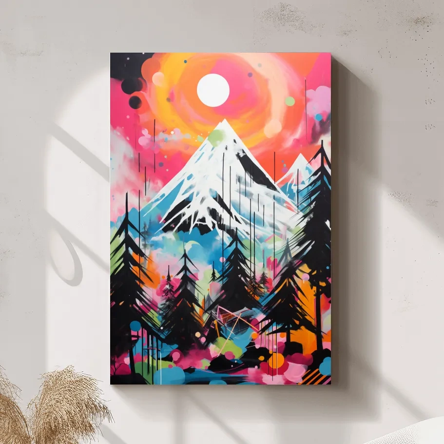 Vibrant Abstract Neon Mountain Glacier Sunset Painting - Colorful Alpine Wall Art