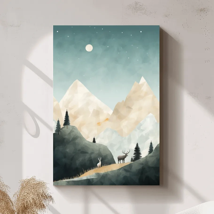 Textured minimal illustration, deers in the forest under the night sky