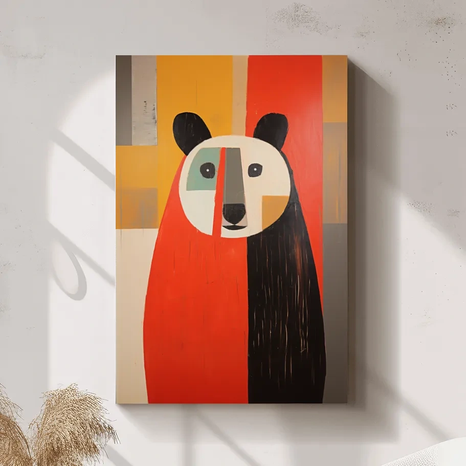 Bold Geometric Bear Portrait Painting - Quirky Abstract Animal Wall Art