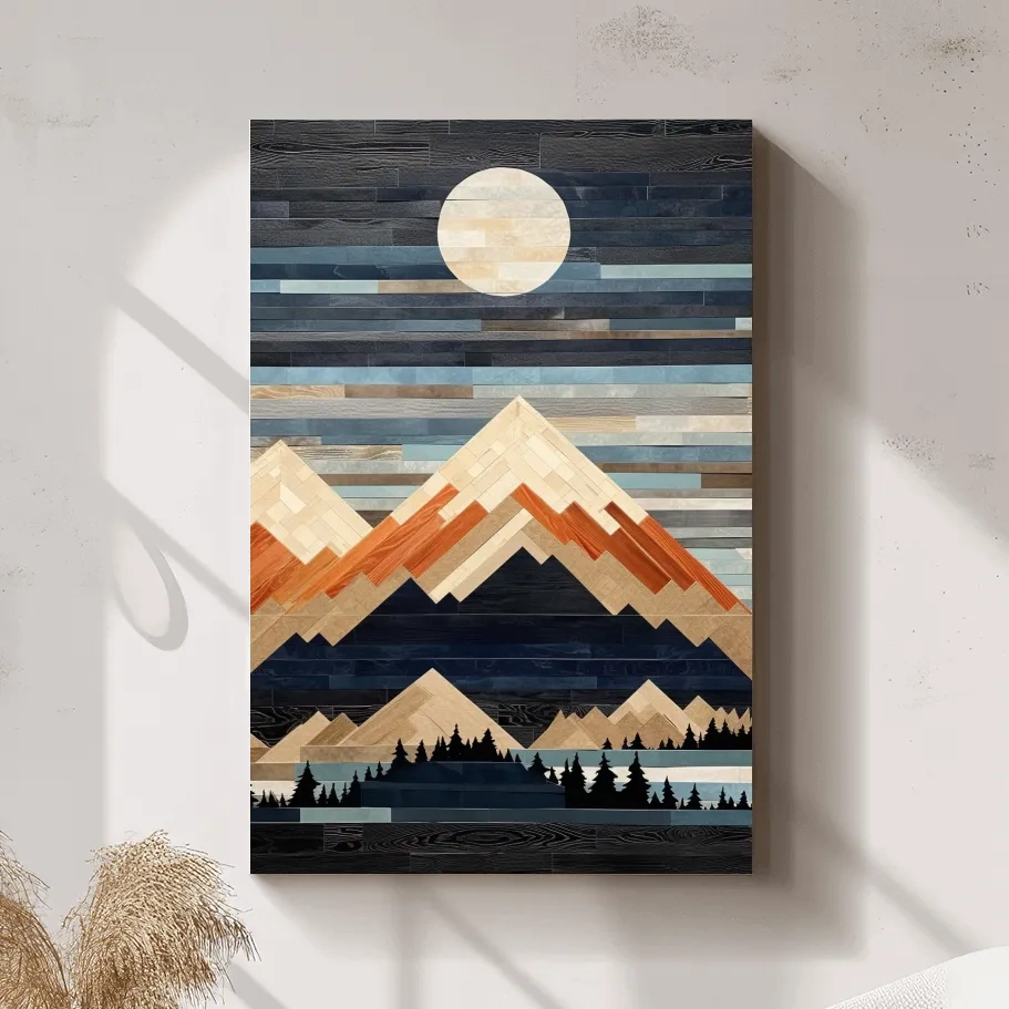 Geometric Wood Mosaic Mountain Range Under Full Moon - Modern Rustic Landscape Wall Art