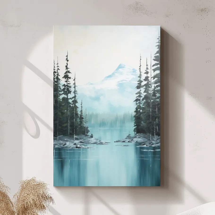 Serene painting of a turquoise Canadian alpine lake
