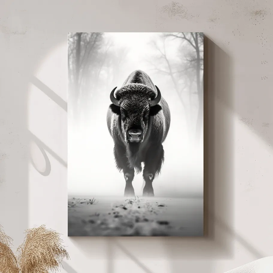 Black and white photo of a bison walking on snow