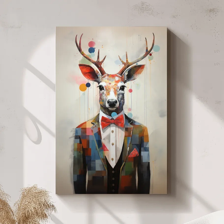 Dapper Watercolor Deer Tuxedo Portrait - Colorful Modern Wildlife Wall Art