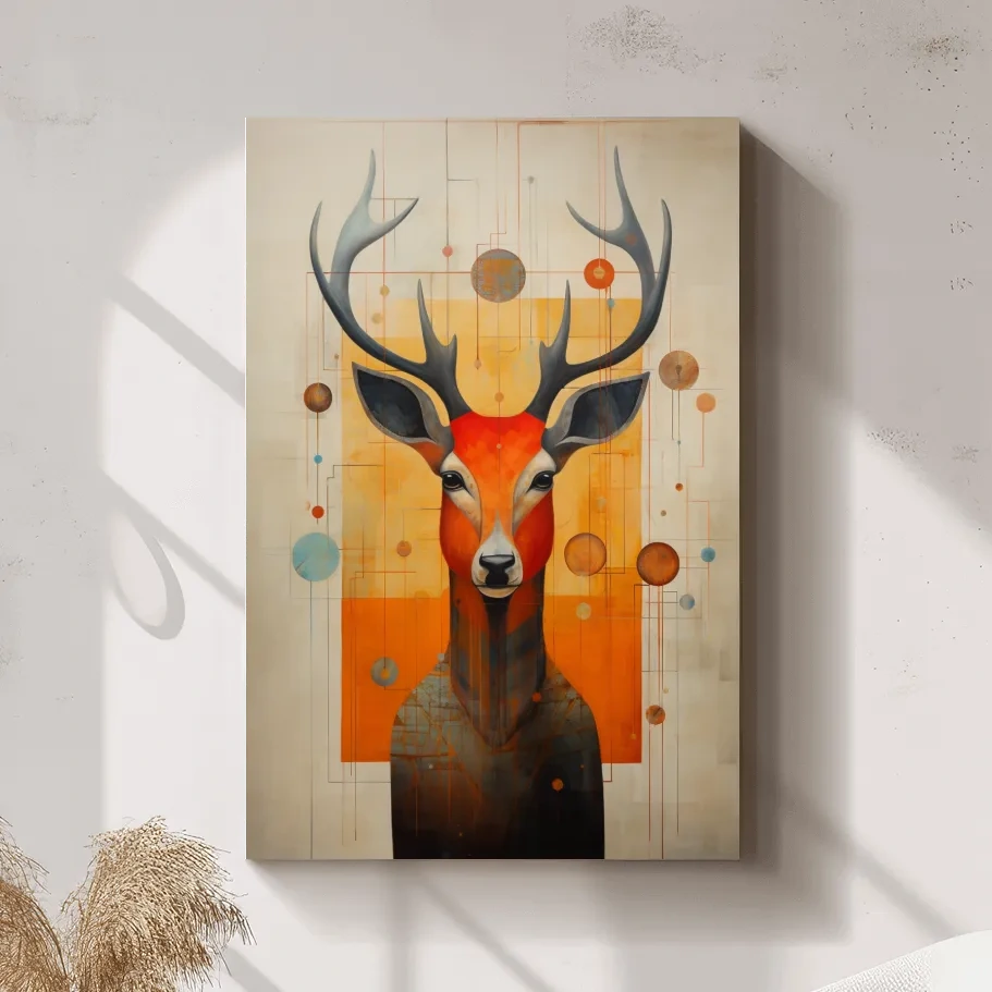 Mid Century Abstract Stag Portrait Painting - Quirky Wildlife Wall Art