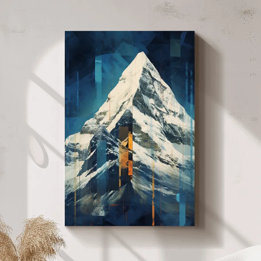 Glitch art style mountain art painting of a snowy glacier
