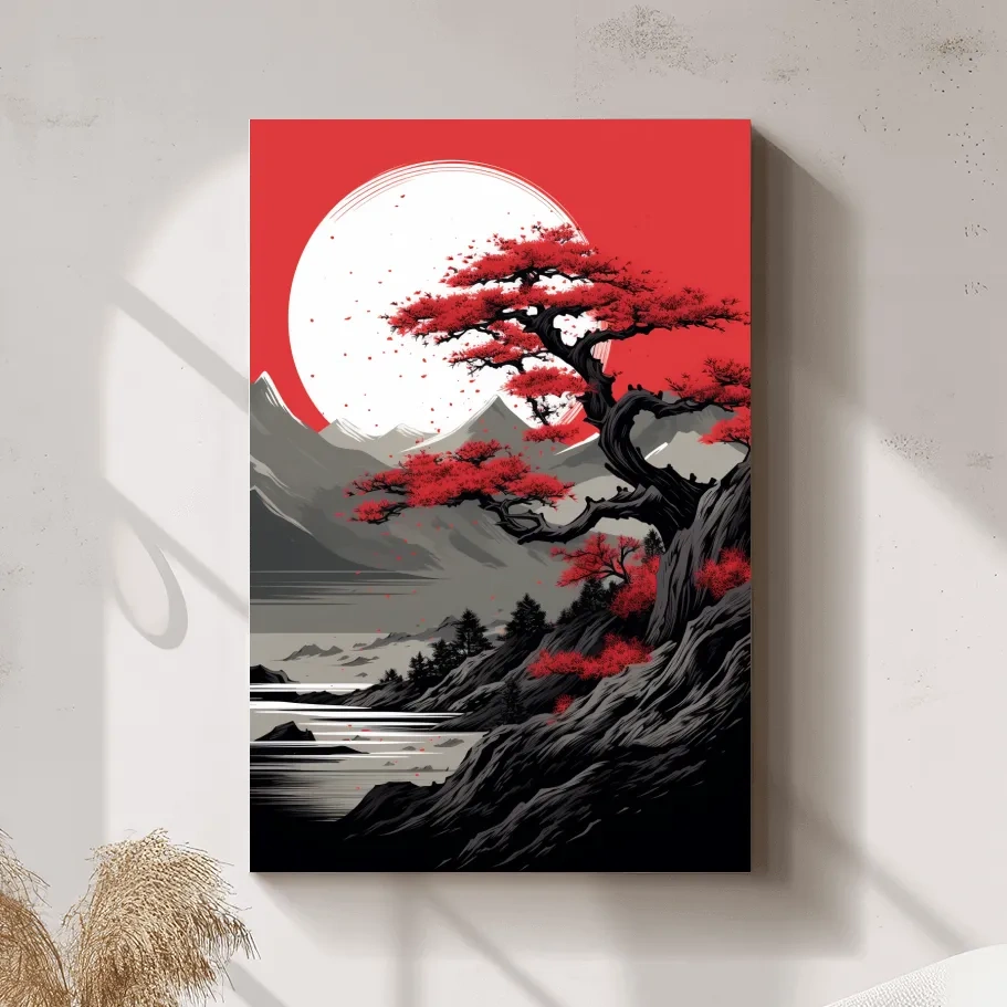 Japanese minimal art, bonsai tree on a cliff