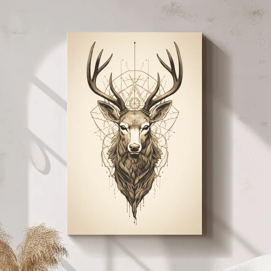 Ornate Stag Head Line Art - Minimalist Tattoo Style Wildlife Wall Art