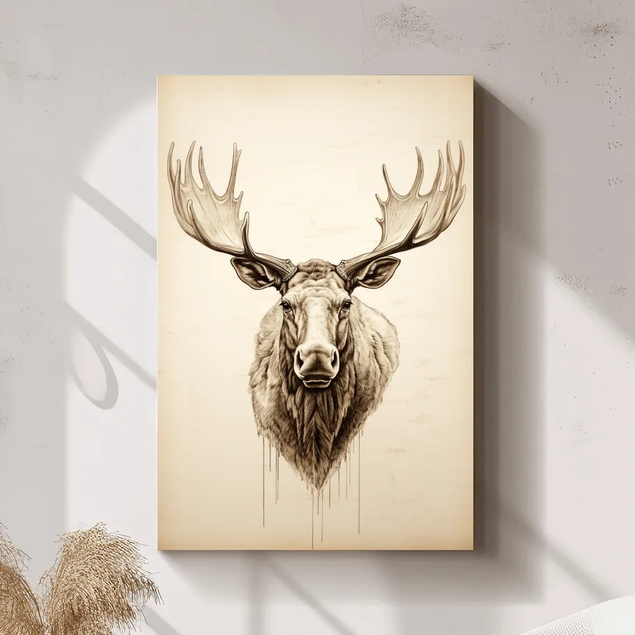 Vintage style portrait drawing of a moose