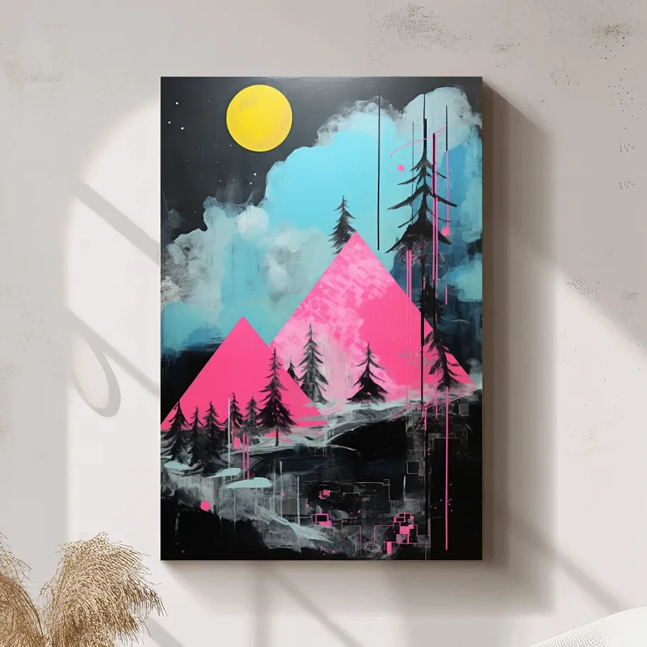 Pink and black acrylic painting, triangular abstract mountains