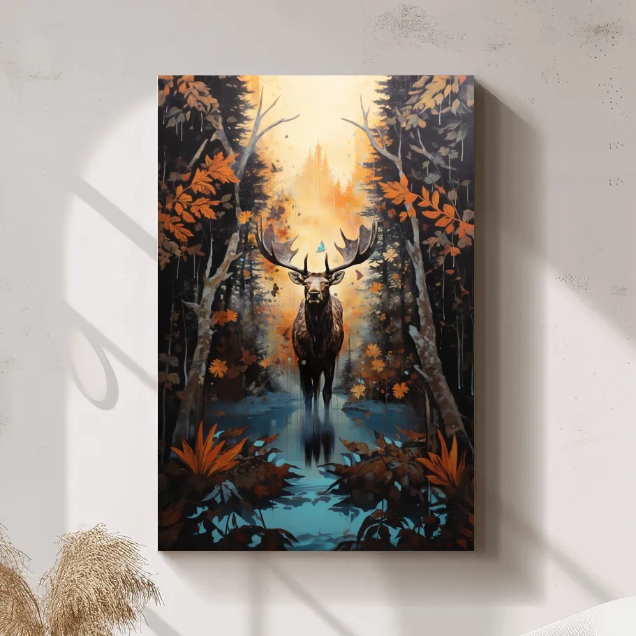 Painting of a moose in the woods in autumn