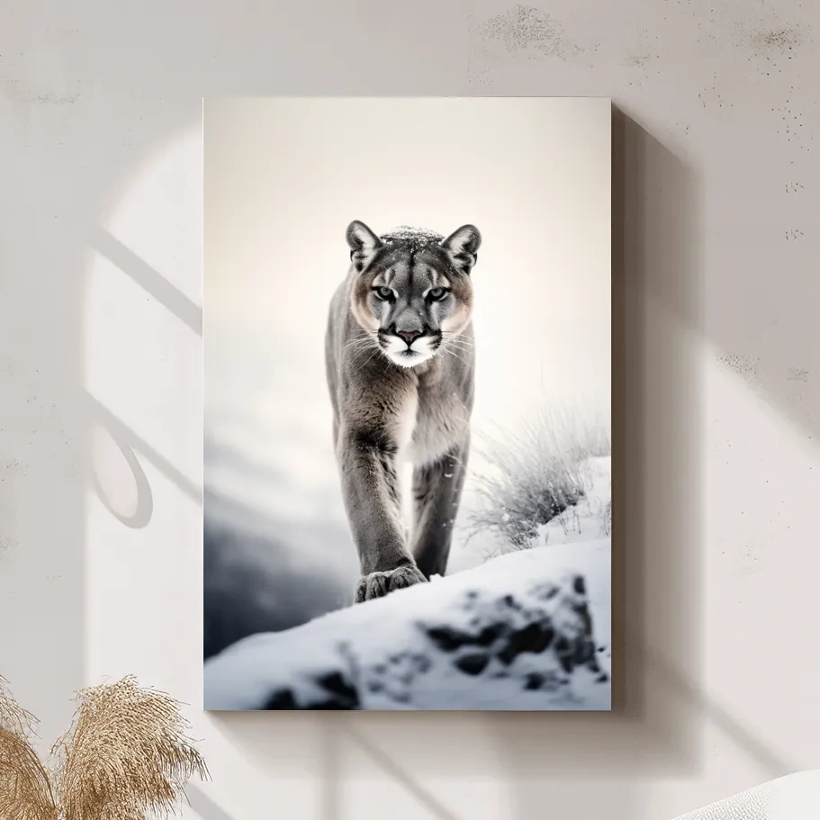 Photograph of a mountain lion walking in snow