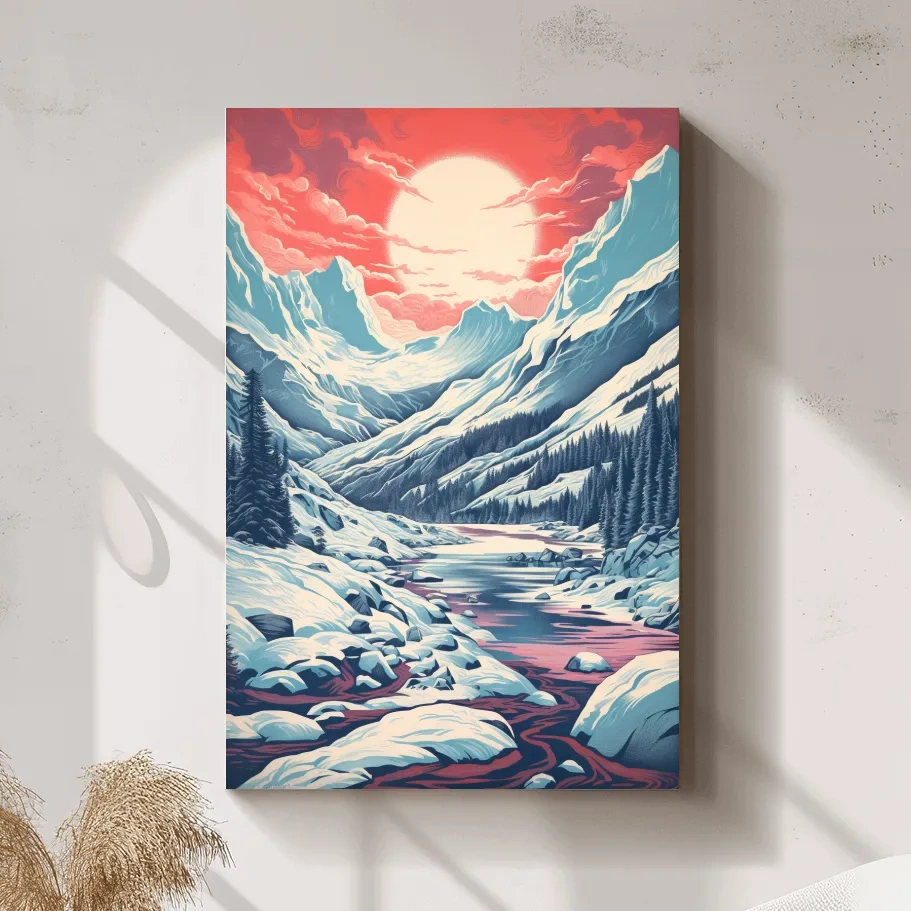 Illustration of an arctic valley at sunset