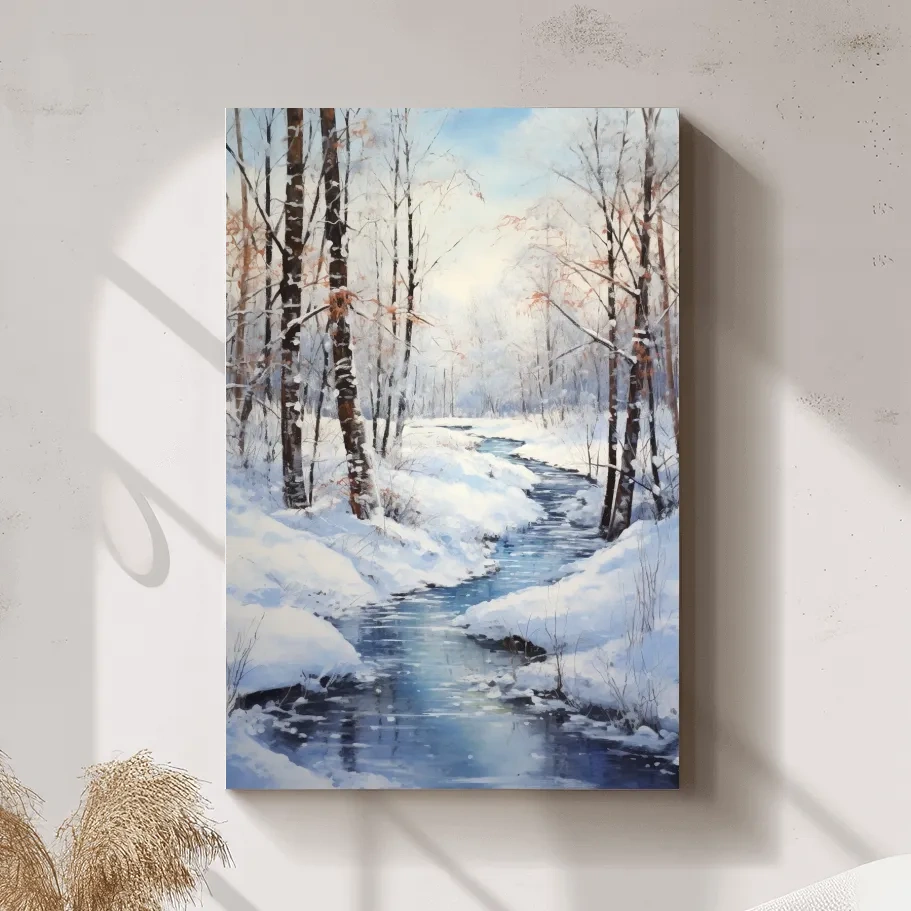 Serene Winter River Forest Painting - Snowy Woodland Wall Art