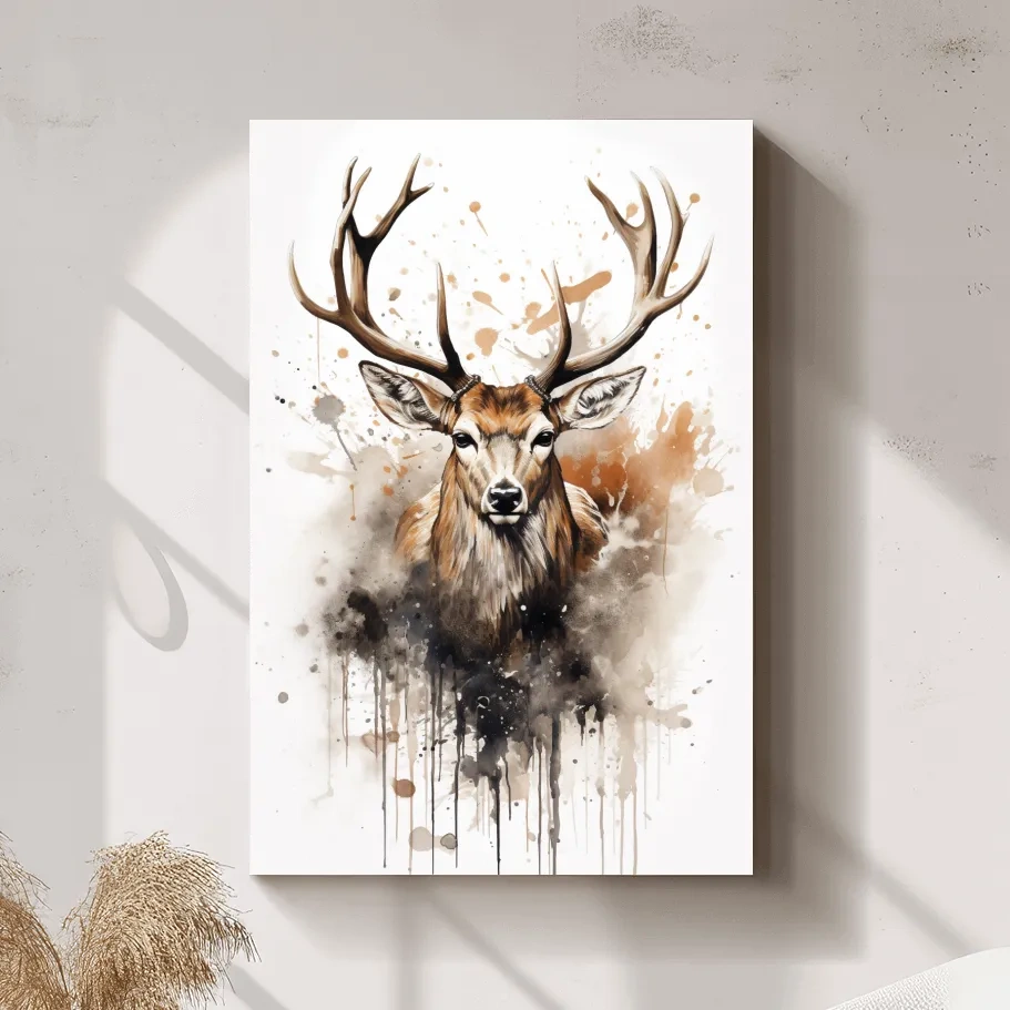 Splattered watercolour painting of a deers head