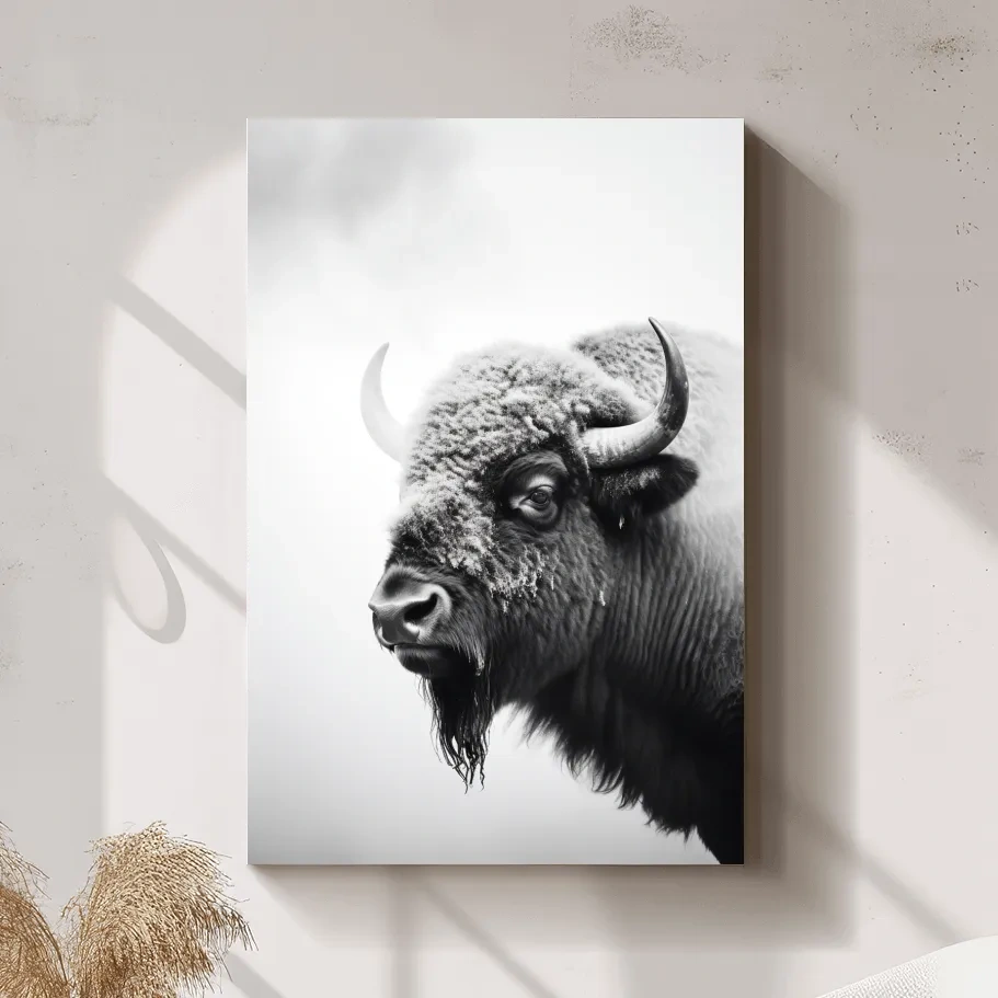 Photographic art, black and white photo of a bison in winter