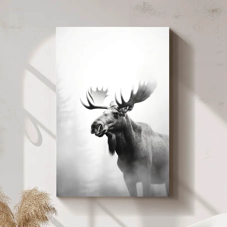 High contrast black and white photograph art of a large moose
