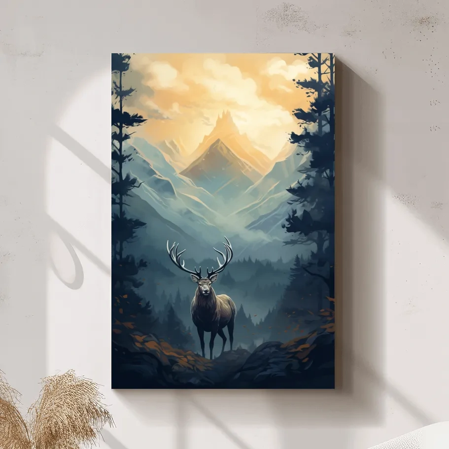 Serene illustration of a majestic deer in the forest at sunset