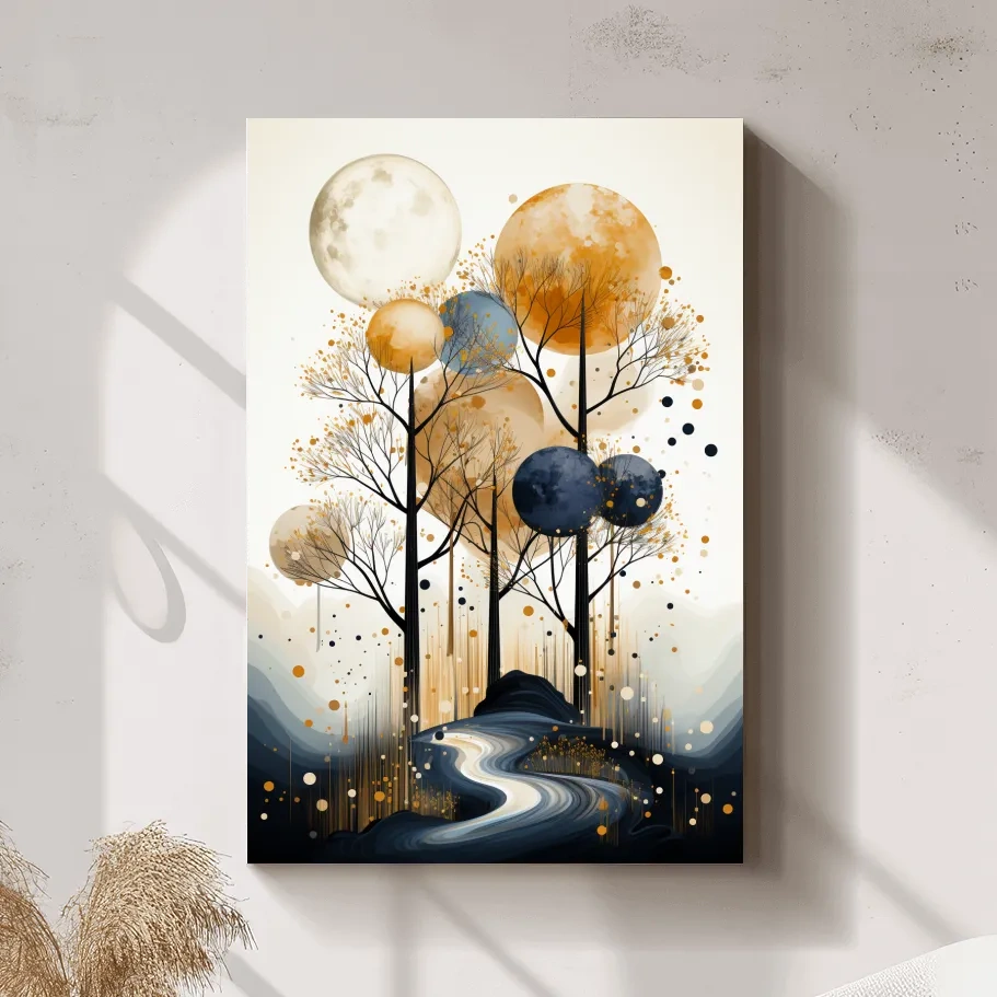 Surreal Golden Moonlit Forest River - Chic Boho Landscape Wall Art