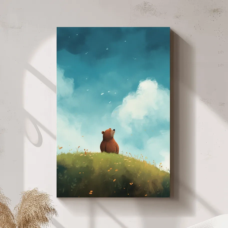 Whimsical Bear Cub Meadow Illustration - Cute Woodland Nursery Wall Art