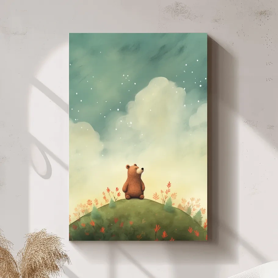 Nursery artwork, illustration of a cute happy bear gazing into the night sky 