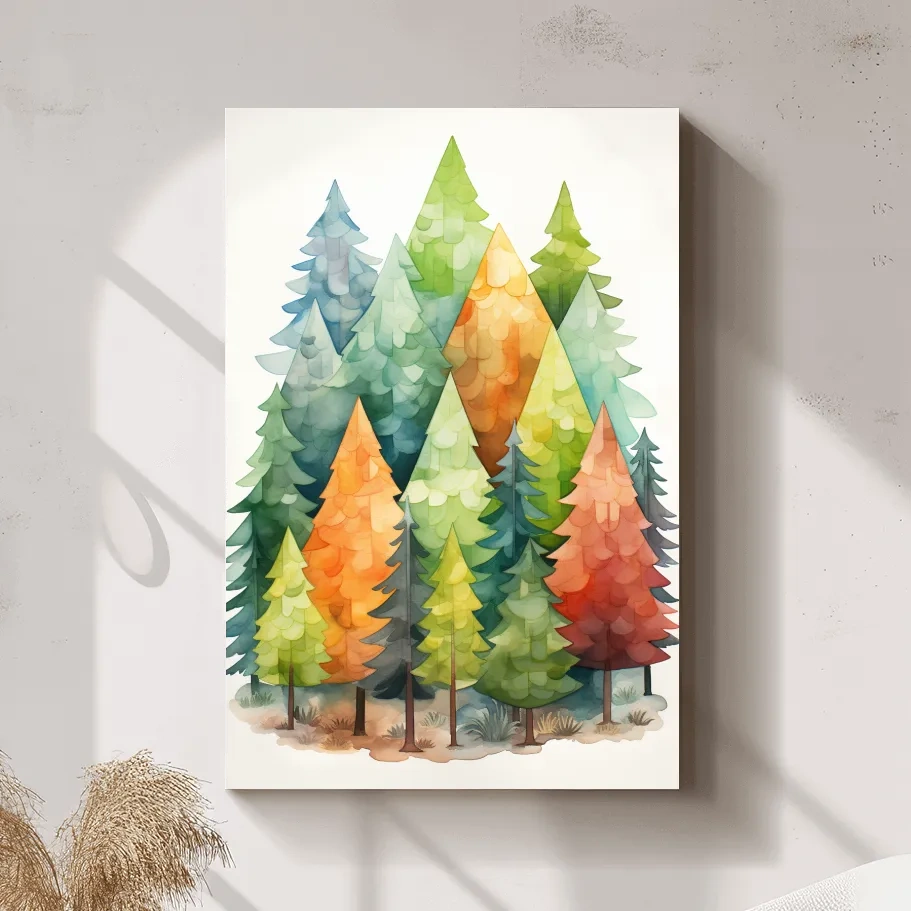 Whimsical Watercolor Pine Forest Illustration - Colorful Scandinavian Nature Wall Art