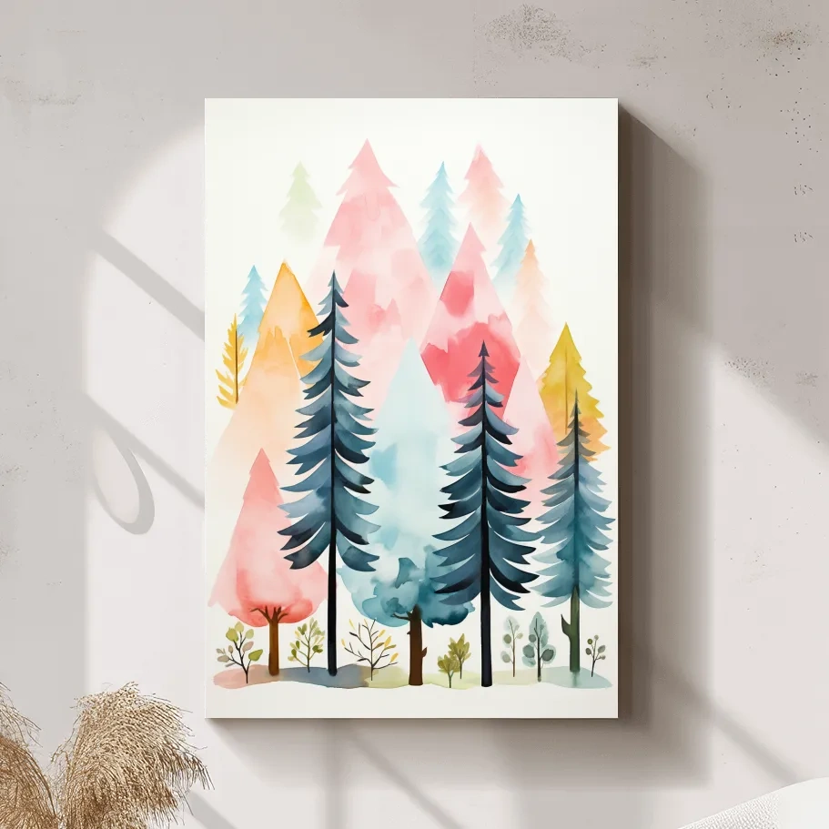 Watercolor style story book illustration art of a colorful forest